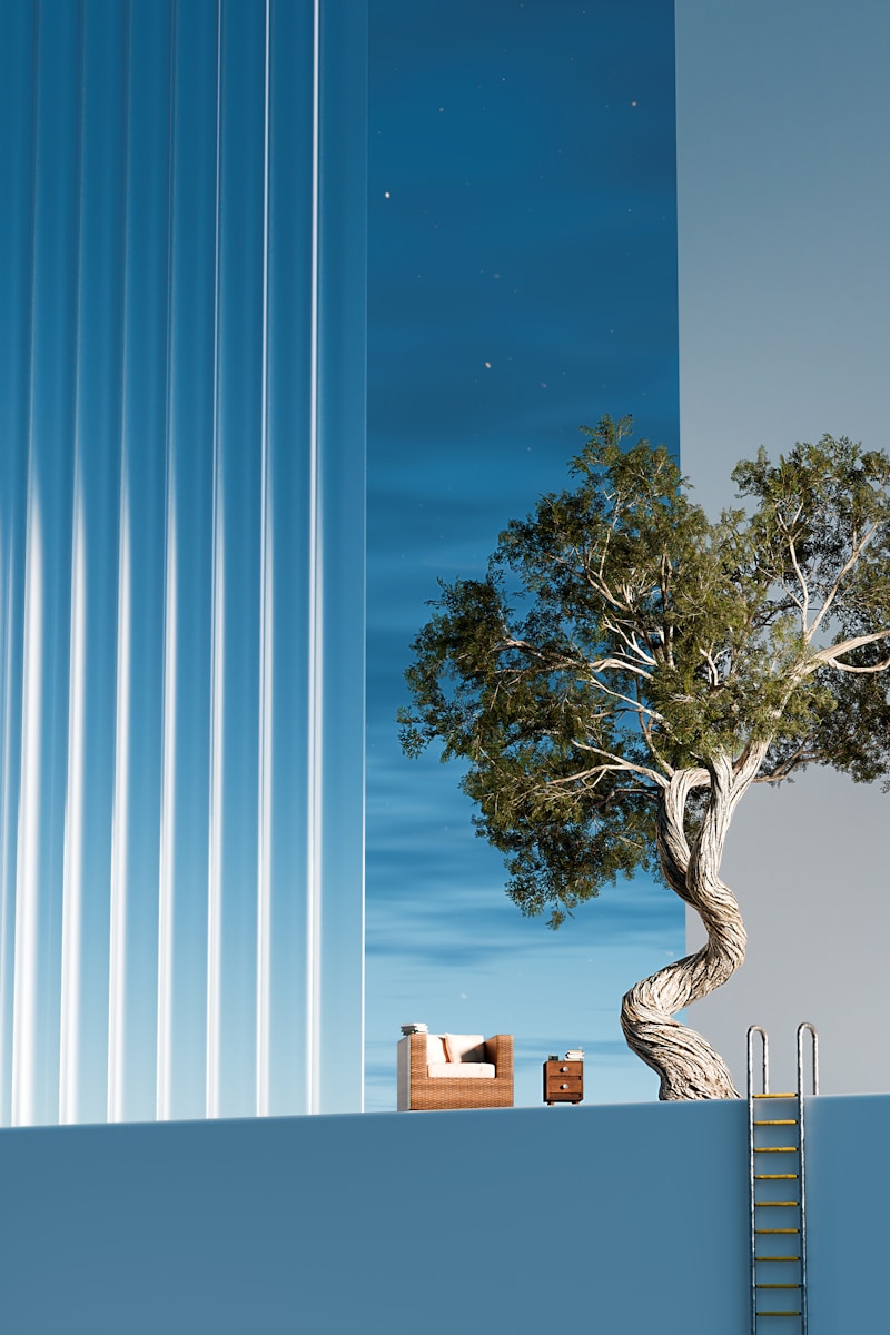 A lone tree with armchair and nightstand under starry sky.